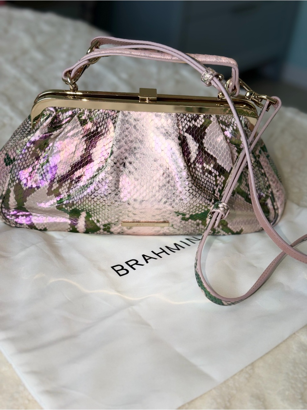Brahmin Pink Iridescent Snake-Embossed Frame Clutch with Gold Trim
